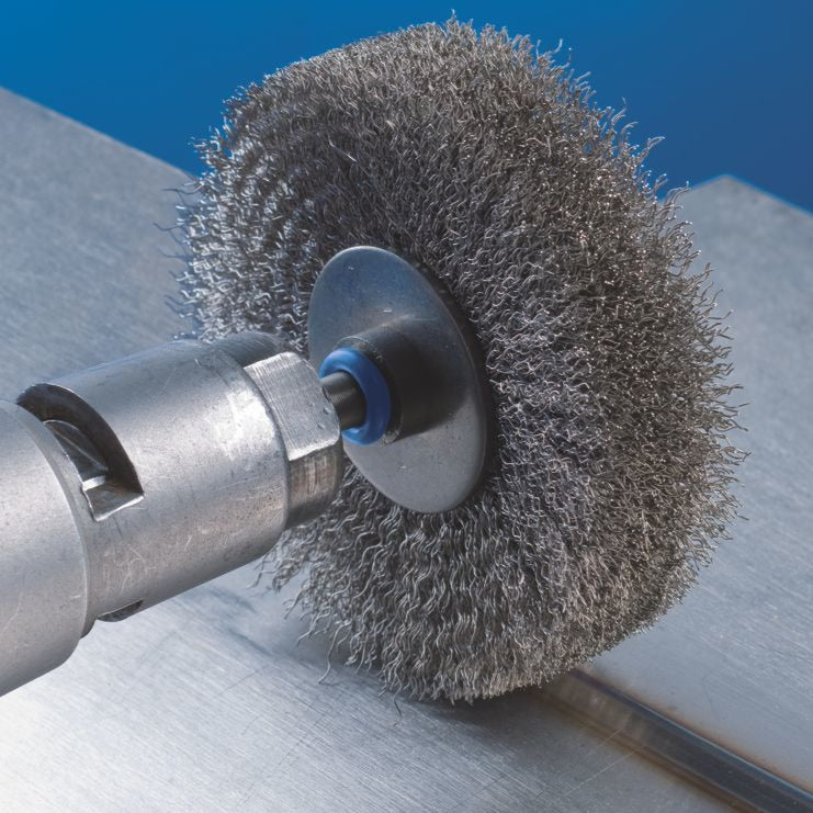 SHAFT MOUNTED WHEEL BRUSH - CRIMPED STEEL WIRE - 6MM SHAFT