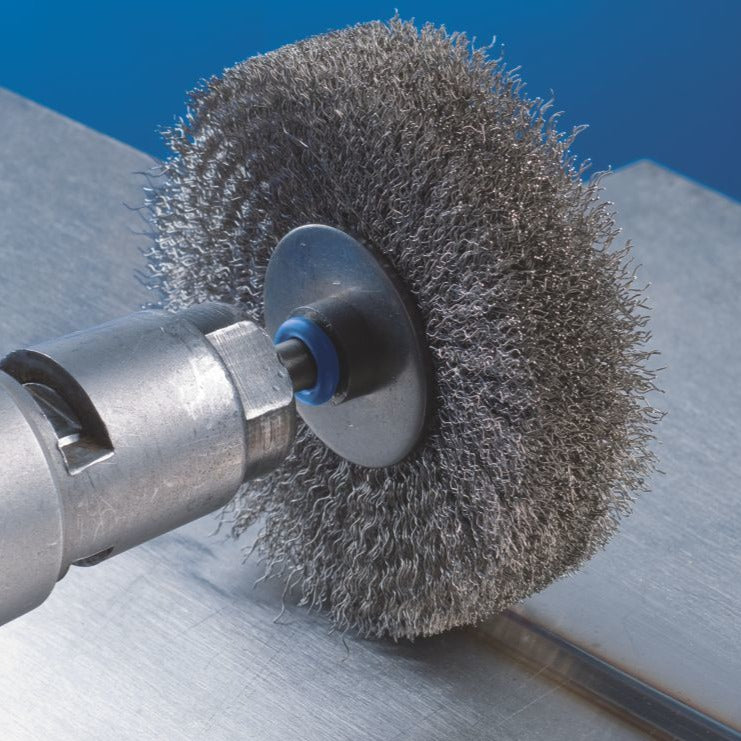 SHAFT MOUNTED WHEEL BRUSH - CRIMPED WIRE - 6MM SHAFT