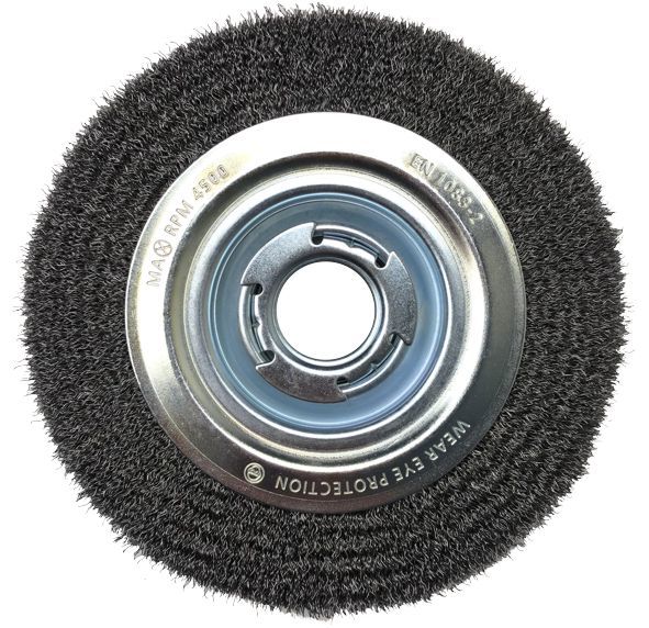 BENCH WHEEL BRUSH WITH ARBOR HOLE GP - CRIMPED STEEL WIRE - SUITS BENCH & STRAIGHT RBU 20025 T/51 ST 0.35 PSF (INC. BUSHES)